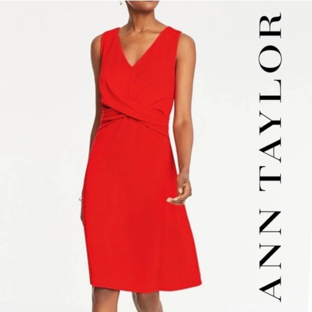 Ann Taylor Red V-Neck Twist Waist Sleeveless Dress